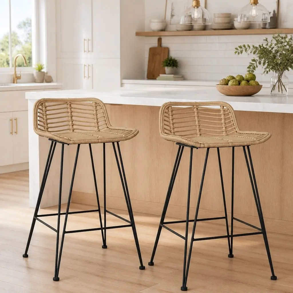 Bar Stools Natural Rattan Seating Backrest Brown Rustic 2 Piece