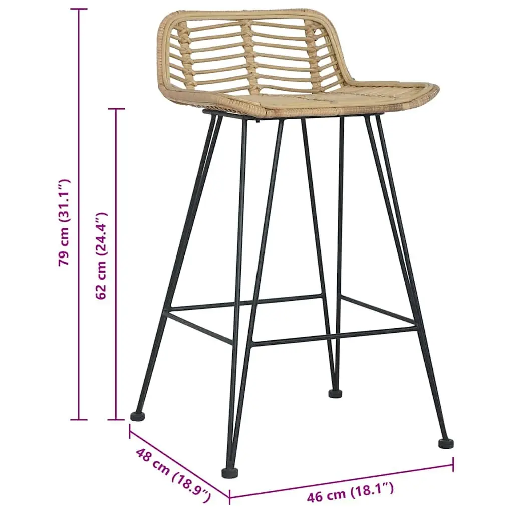 Bar Stools Natural Rattan Seating Backrest Brown Rustic 2 Piece