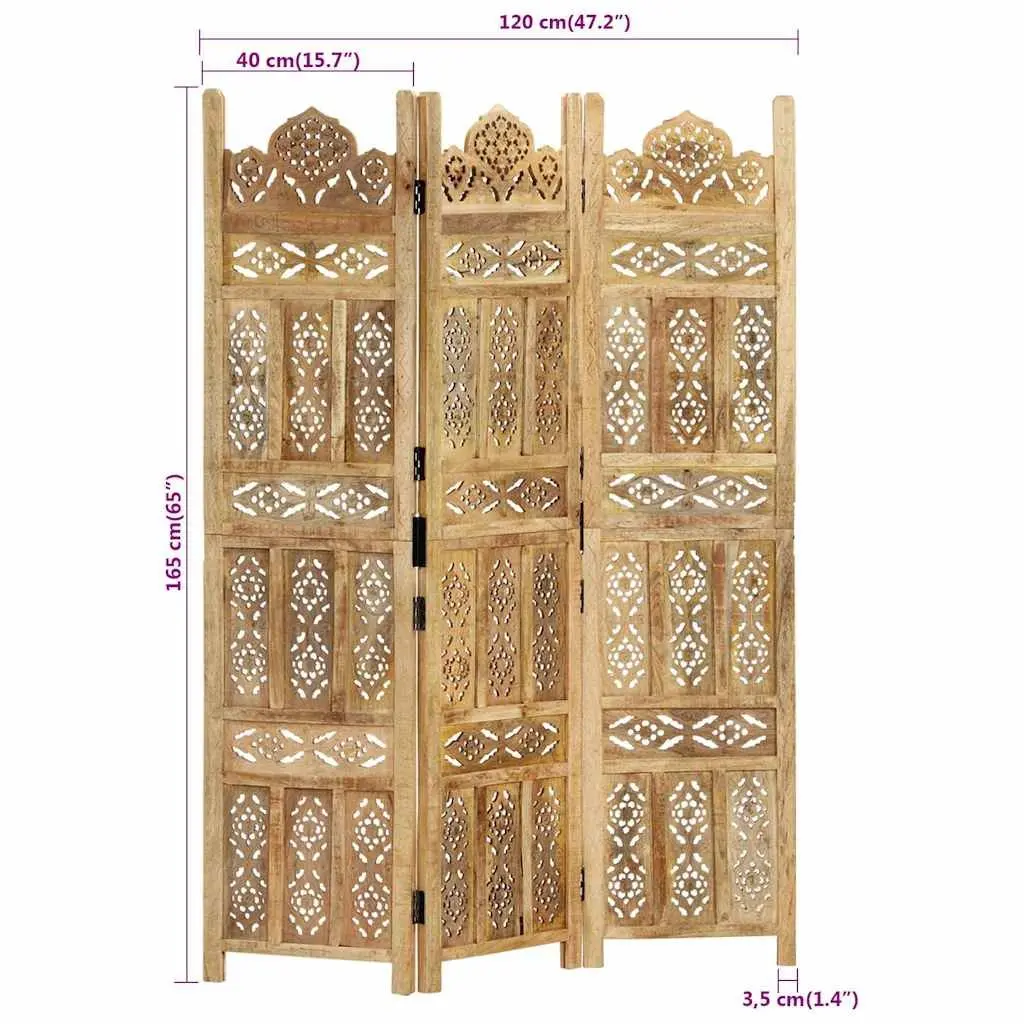 Room Divider 3-Panel Hand Carved Brown Wooden Folding Privacy Screen 120x165cm