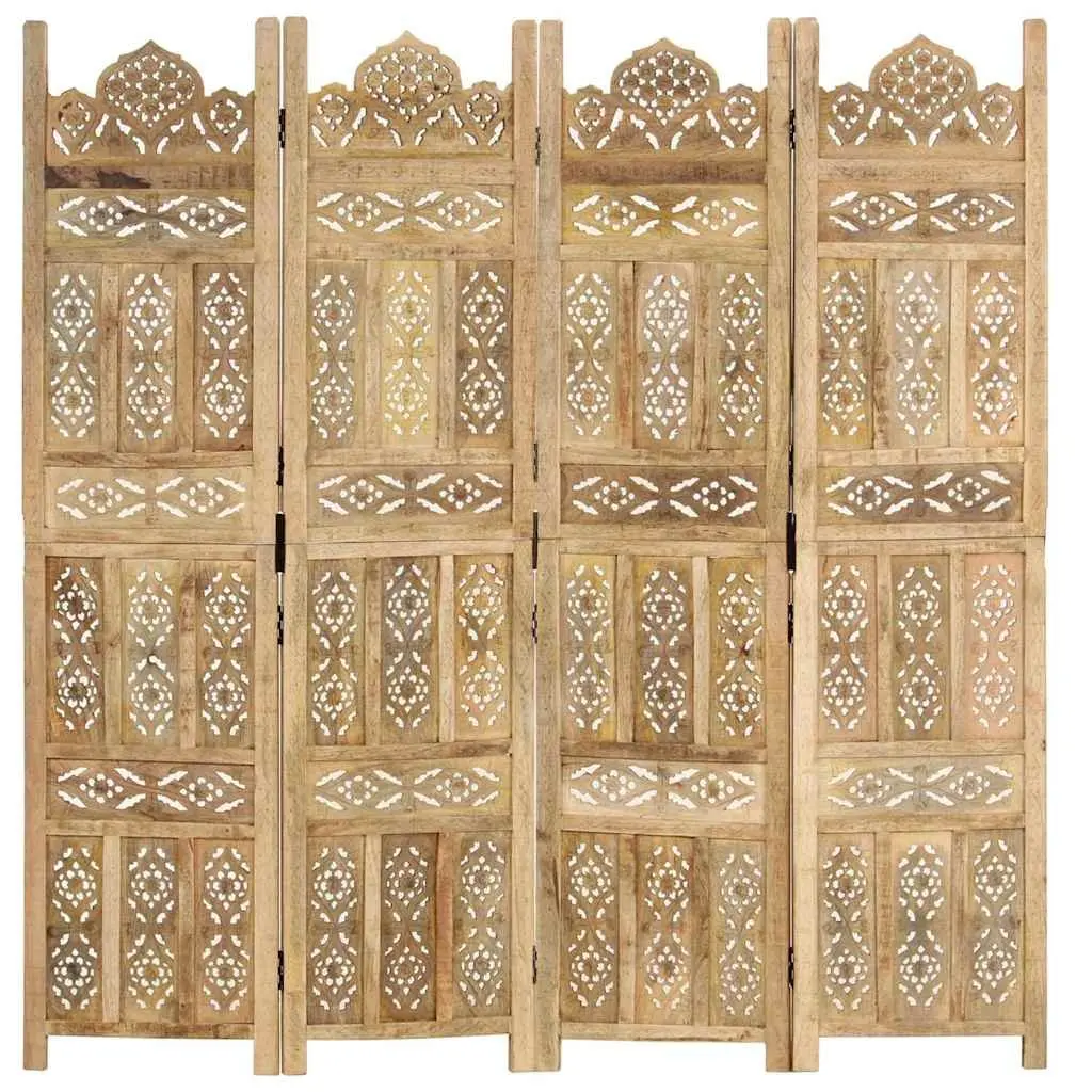 Room Divider 4-Panel Hand Carved Wooden Folding Screen Privacy Partition