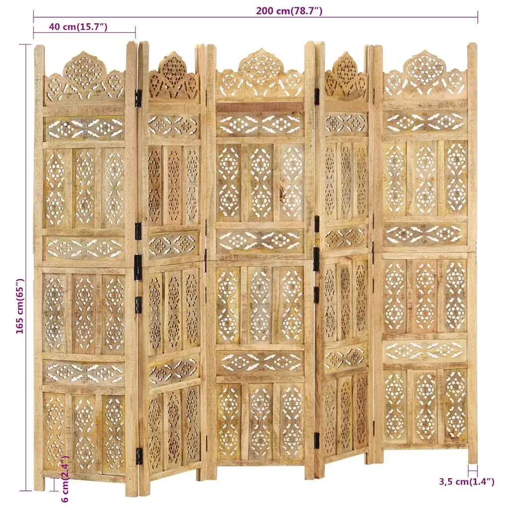 Room Divider 5-Panel Hand Carved Brown Wooden Folding Screen Privacy Partition