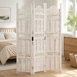 Hand Carved 3-Panel Room Divider White 120x165 cm Folding Privacy Screen