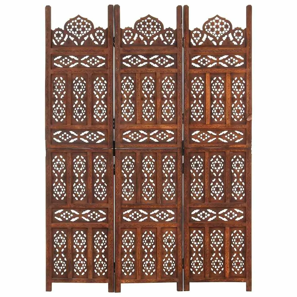 Hand Carved 3-Panel Room Divider Screen Folding Privacy Partition Brown