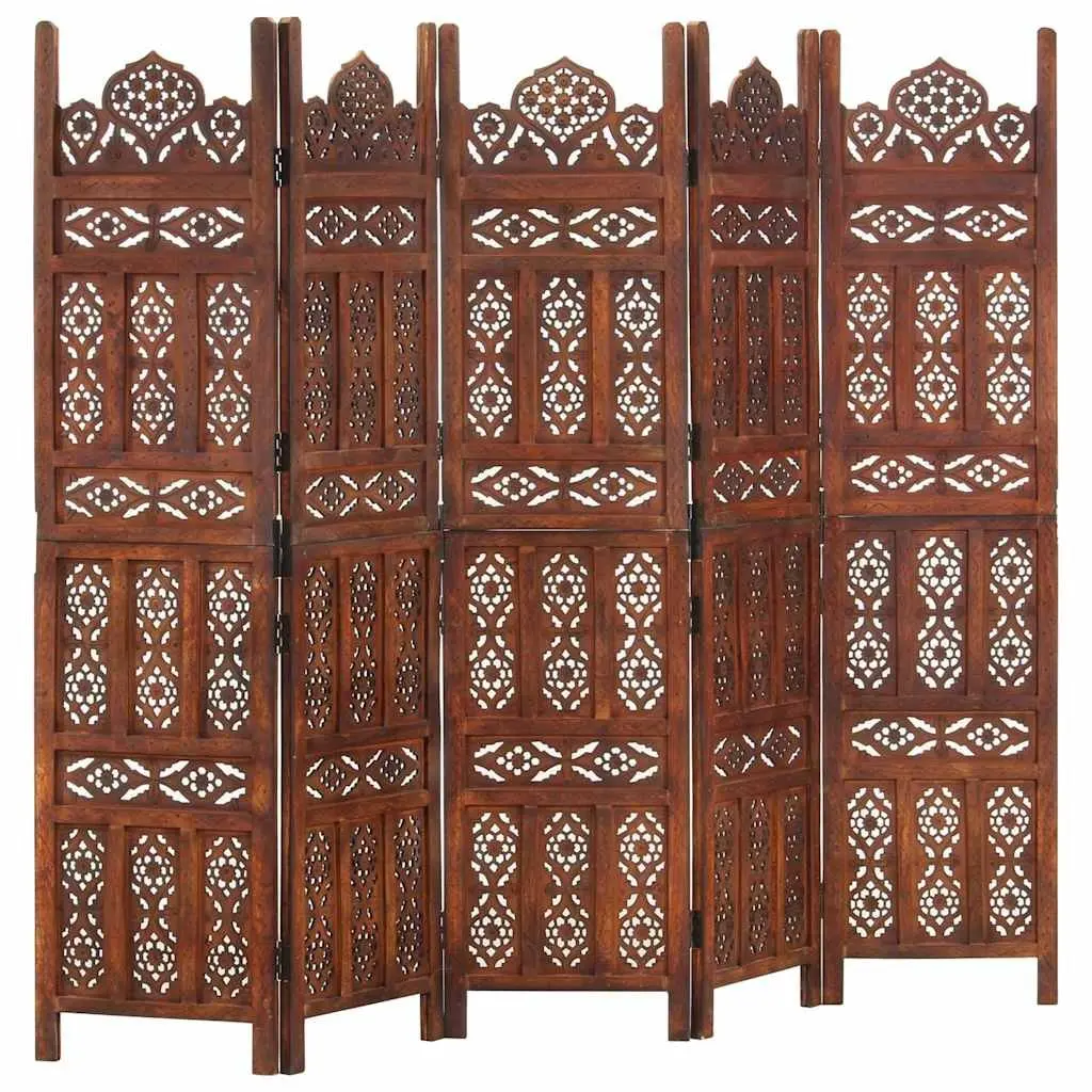 Room Divider Hand Carved 5-Panel Brown Wooden Privacy Screen Folding Space