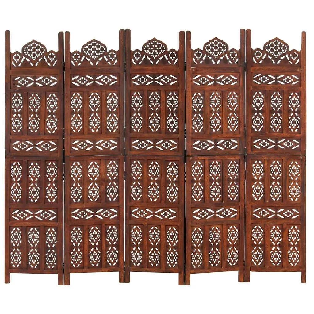 Room Divider Hand Carved 5-Panel Brown Wooden Privacy Screen Folding Space