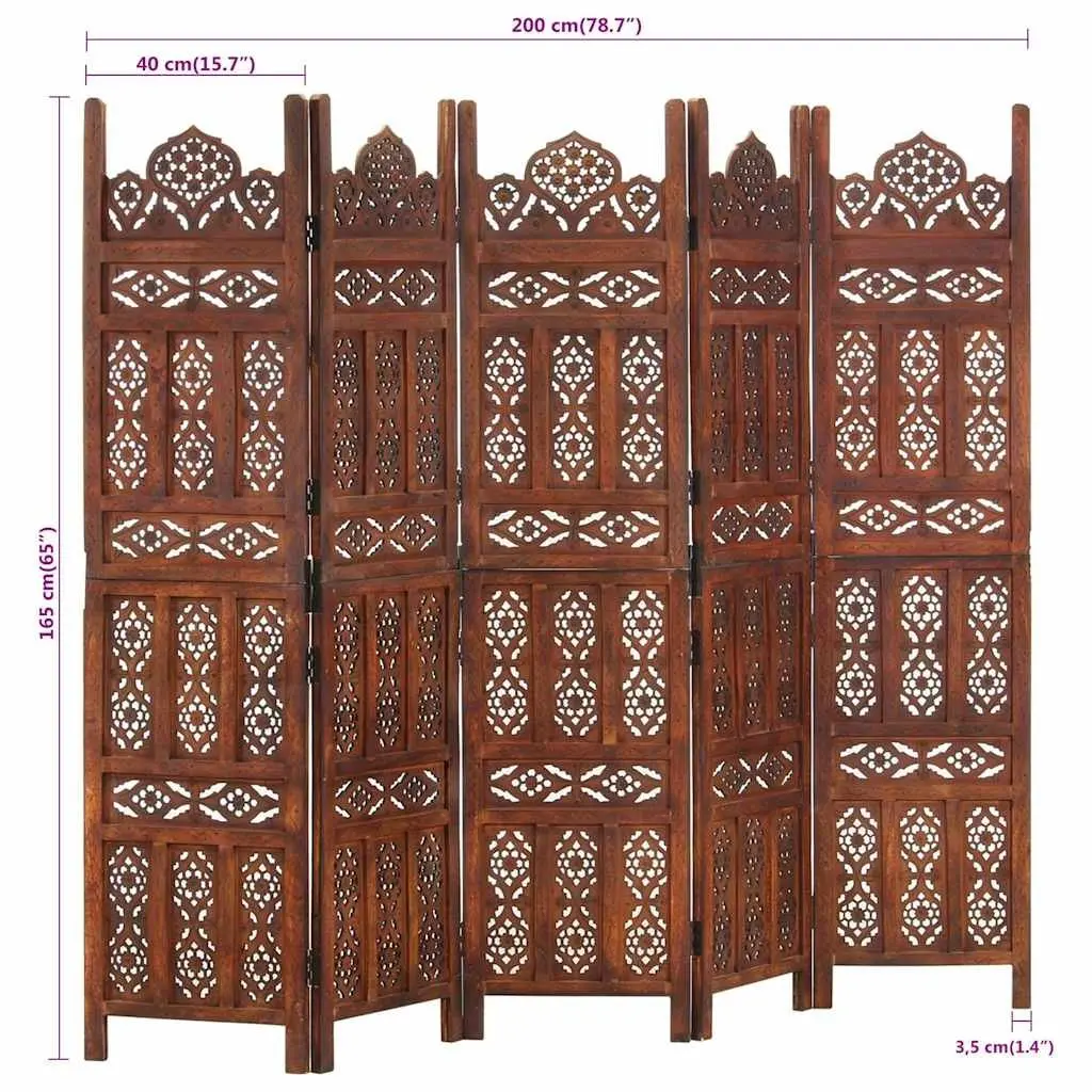Room Divider Hand Carved 5-Panel Brown Wooden Privacy Screen Folding Space