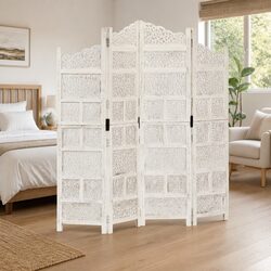 4-Panel Room Divider Folding Privacy Screen Hand Carved Wooden Partition White