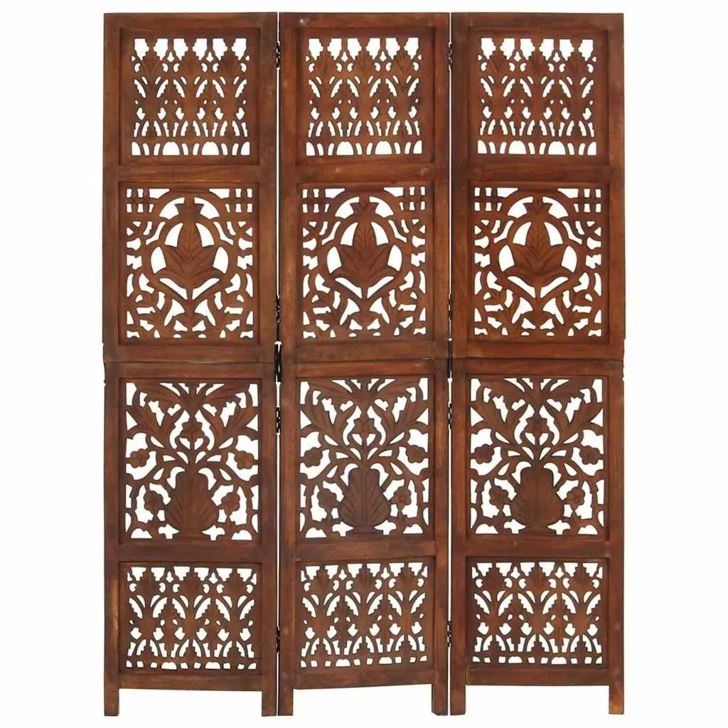 Hand Carved 3-Panel Room Divider Brown 120x165 cm Solid Wood Folding Screen