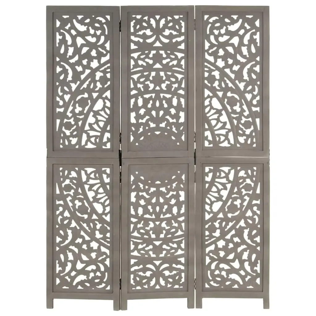 Hand Carved 3-Panel Room Divider Grey Folding Privacy Screen Solid Wood Construction