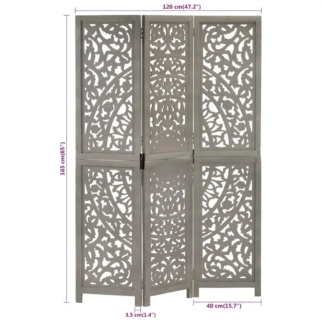 Hand Carved 3-Panel Room Divider Grey Folding Privacy Screen Solid Wood Construction