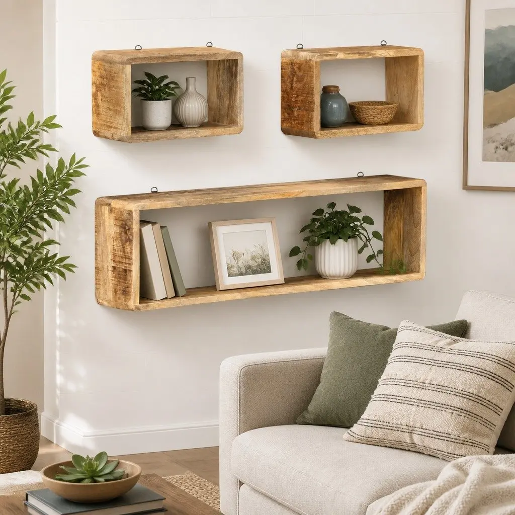 Wall Cube Shelf Set 3 Piece Solid Mango Wood Brown Floating Storage Display