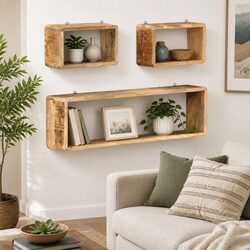 Wall Cube Shelf Set 3 Pieces Solid Mango Wood Brown Storage Display Floating