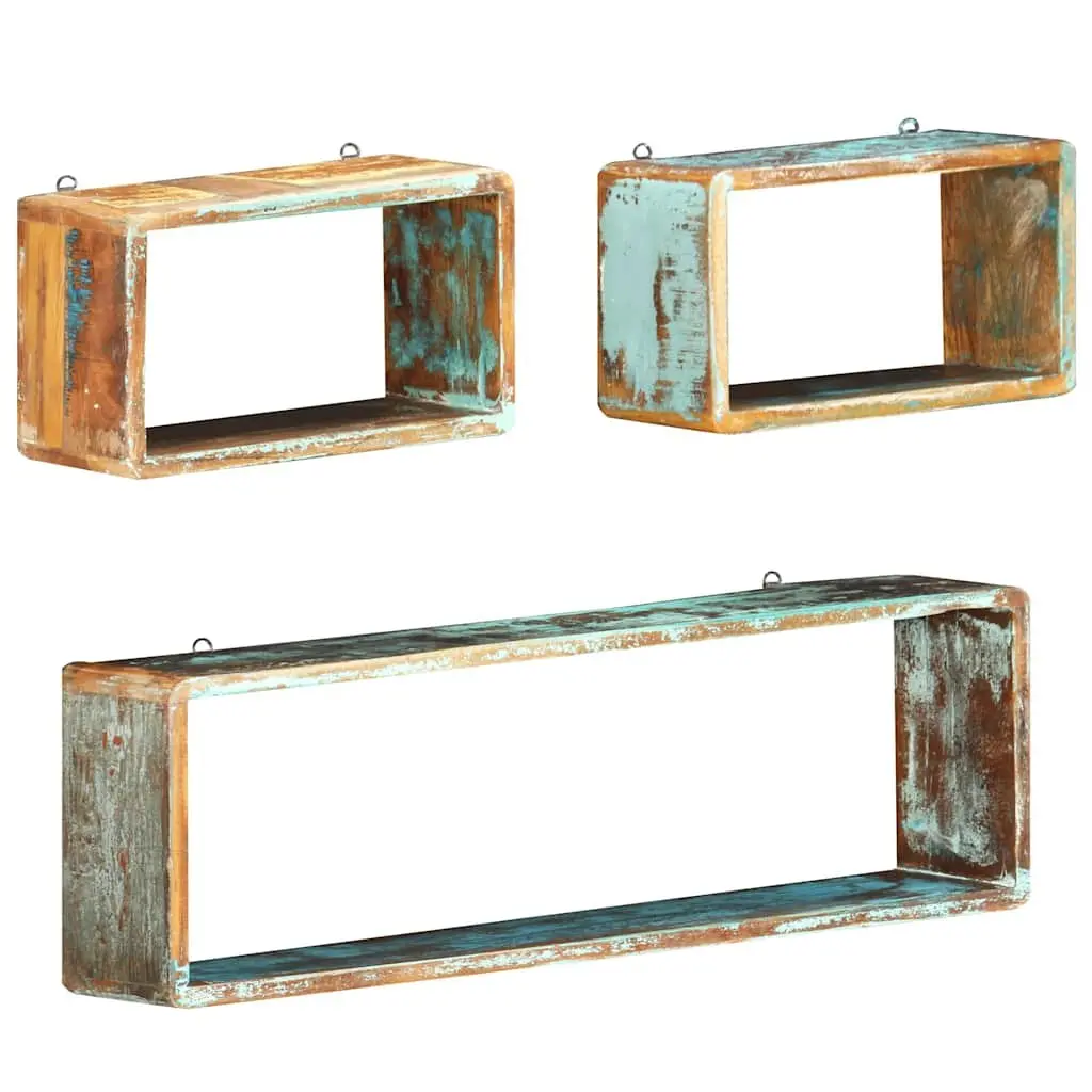 Wall Cube Shelves Set of 3 Solid Reclaimed Wood Floating Storage Display Brown