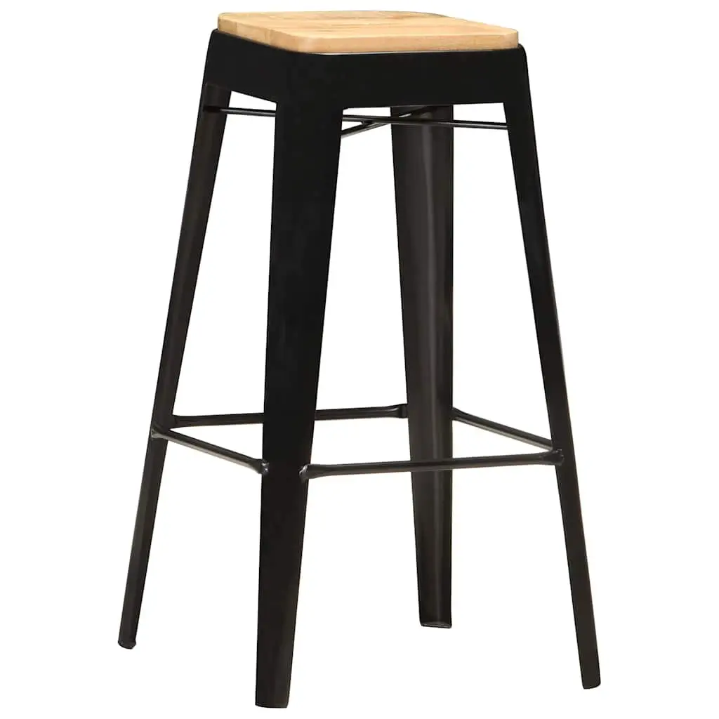 Bar Stools Set 4 Pieces Solid Mango Wood Black Kitchen Dining Chair with Powder-Coated Steel Legs