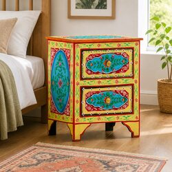 Bedside Cabinet Hand Painted Multicolour Wooden Nightstand Mango Wood 40x30x50cm