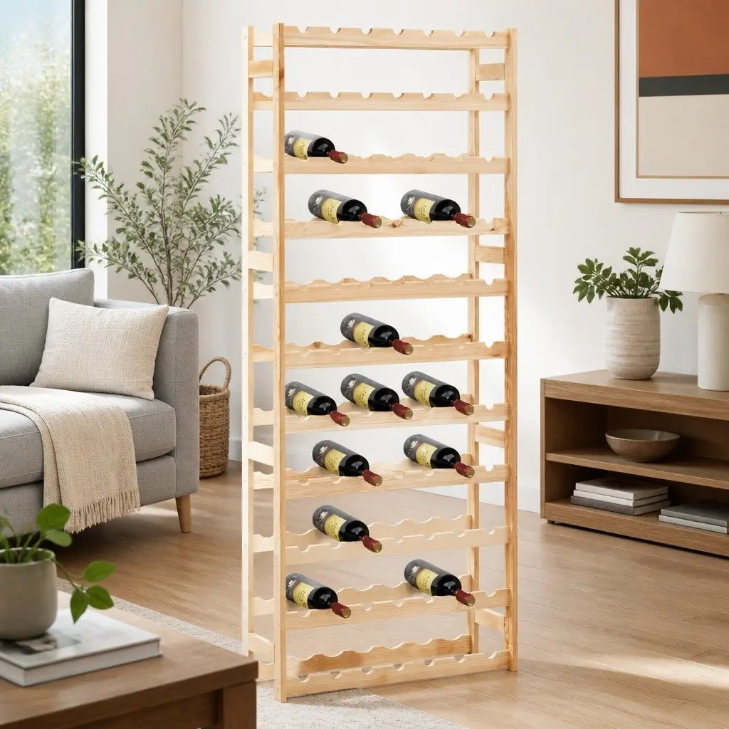 Wine Rack Solid Wood Storage Display Cabinet 77 Bottle Capacity Beige