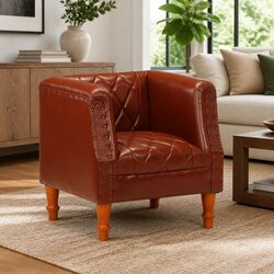 Tub Chair Brown Goat Leather Armchair Living Room Lounge Seat Padded Comfort