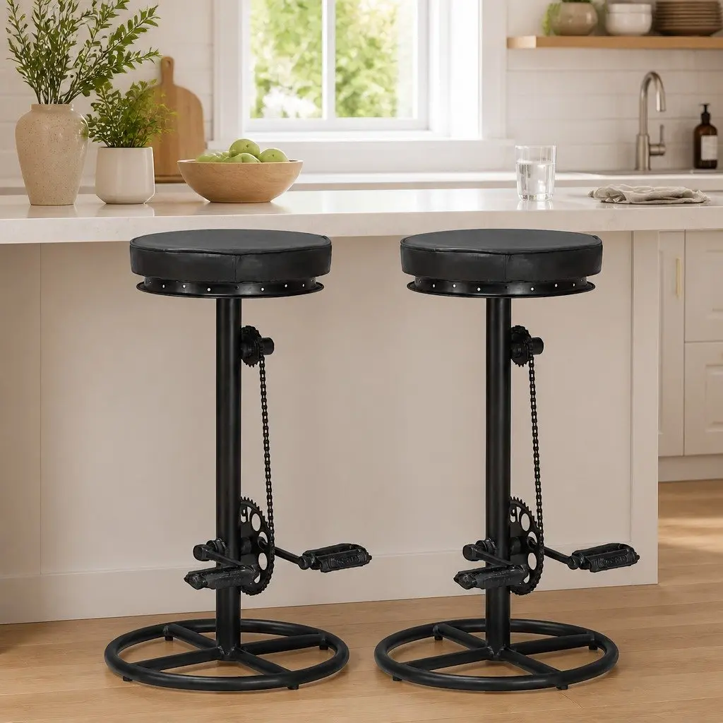Bar Stools 2 pcs Black Leather Bicycle Pedal Footrest Industrial Design Seating