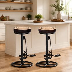 Bar Stools with Bicycle Pedal Footrest 2 pcs Real Leather Upholstered Seating