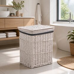 Laundry Basket White Woven Willow Sturdy Durable Bathroom Household Storage
