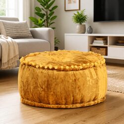Round Velvet Pouffe Ottoman Footrest Seat Home Decor 40x20cm Mustard Yellow