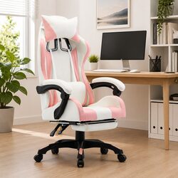 Racing Office Chair Pink White Faux Leather Reclining Footrest Swivel Desk Seat