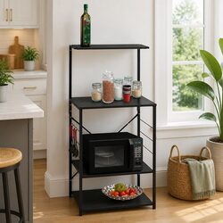 4-Tier Microwave Kitchen Storage Cabinet Shelf Organiser Black Engineered Wood
