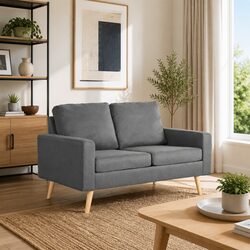 2-Seater Sofa Grey Fabric Upholstered Lounge Couch with Padded Cushions Wooden