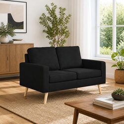 2-Seater Sofa Black Fabric Upholstered Padded Cushions Wooden Frame Living Room