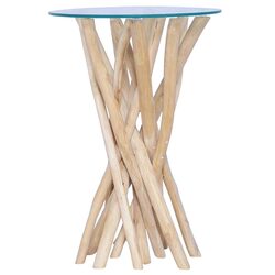 Coffee Table Solid Teak Wood Glass Top Accent Living Room Side Table 35x35x50cm