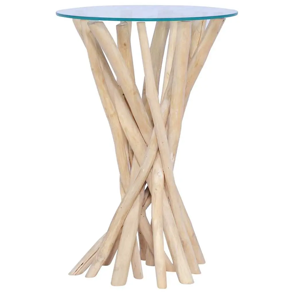 Coffee Table Solid Teak Wood Glass Top Accent Living Room Side Table 35x35x50cm