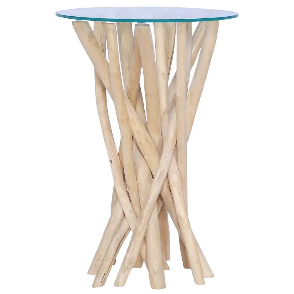 Coffee Table Solid Teak Wood Glass Top Accent Living Room Side Table 35x35x50cm