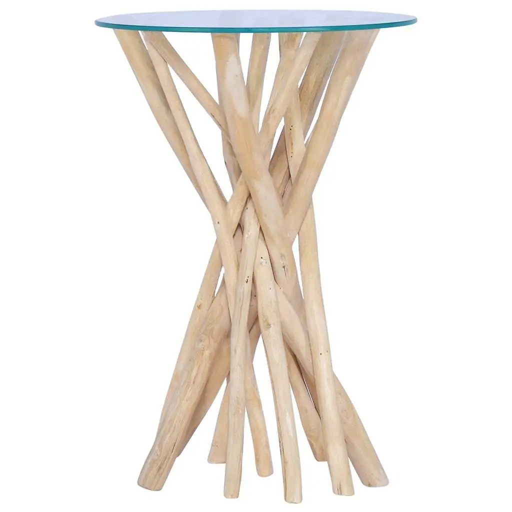 Coffee Table Solid Teak Wood Glass Top Accent Living Room Side Table 35x35x50cm