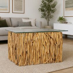 Coffee Table Solid Teak Wood Glass Top Living Room Accent Side Table 66x66x40cm