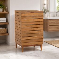 Laundry Basket Brown Slatted Design Solid Teak Wood Storage Bin Household