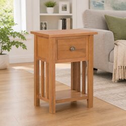 End Table with Drawer and Shelf Oak Wood Compact Magazine Rack Side Table