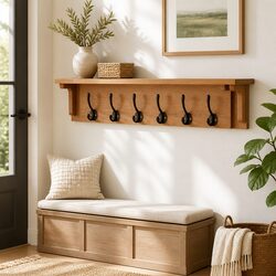 Solid Oak Wood Coat Rack 6 Hooks Wall Mount Brown Home Entryway Storage