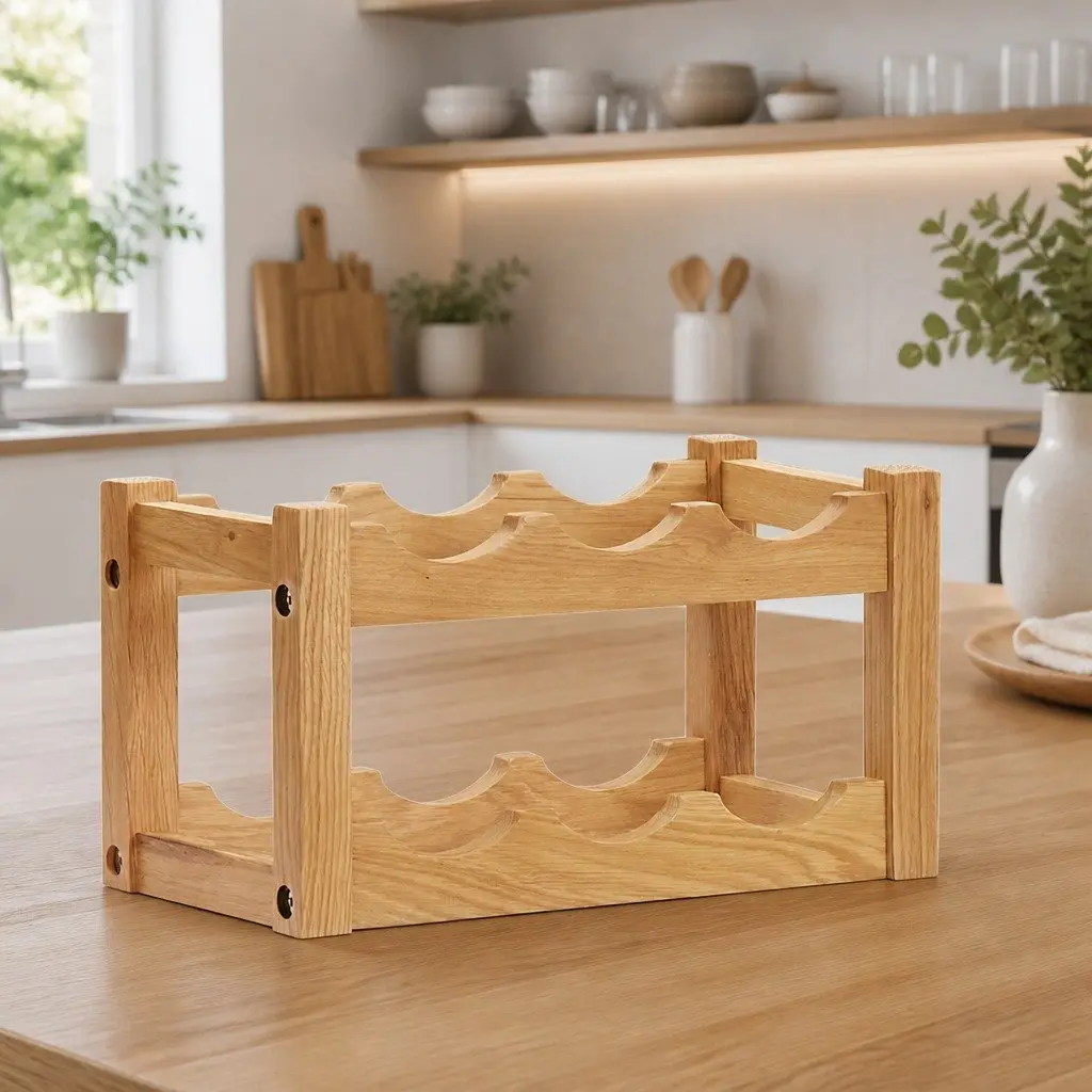 Wine Rack for 6 Bottles Solid Oak Wood Freestanding Storage Organiser Brown
