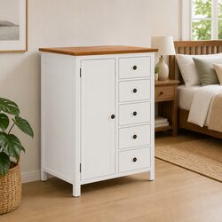 Solid Oak Wood Wardrobe Cabinet with Hanging Rod and Drawers Storage Furniture