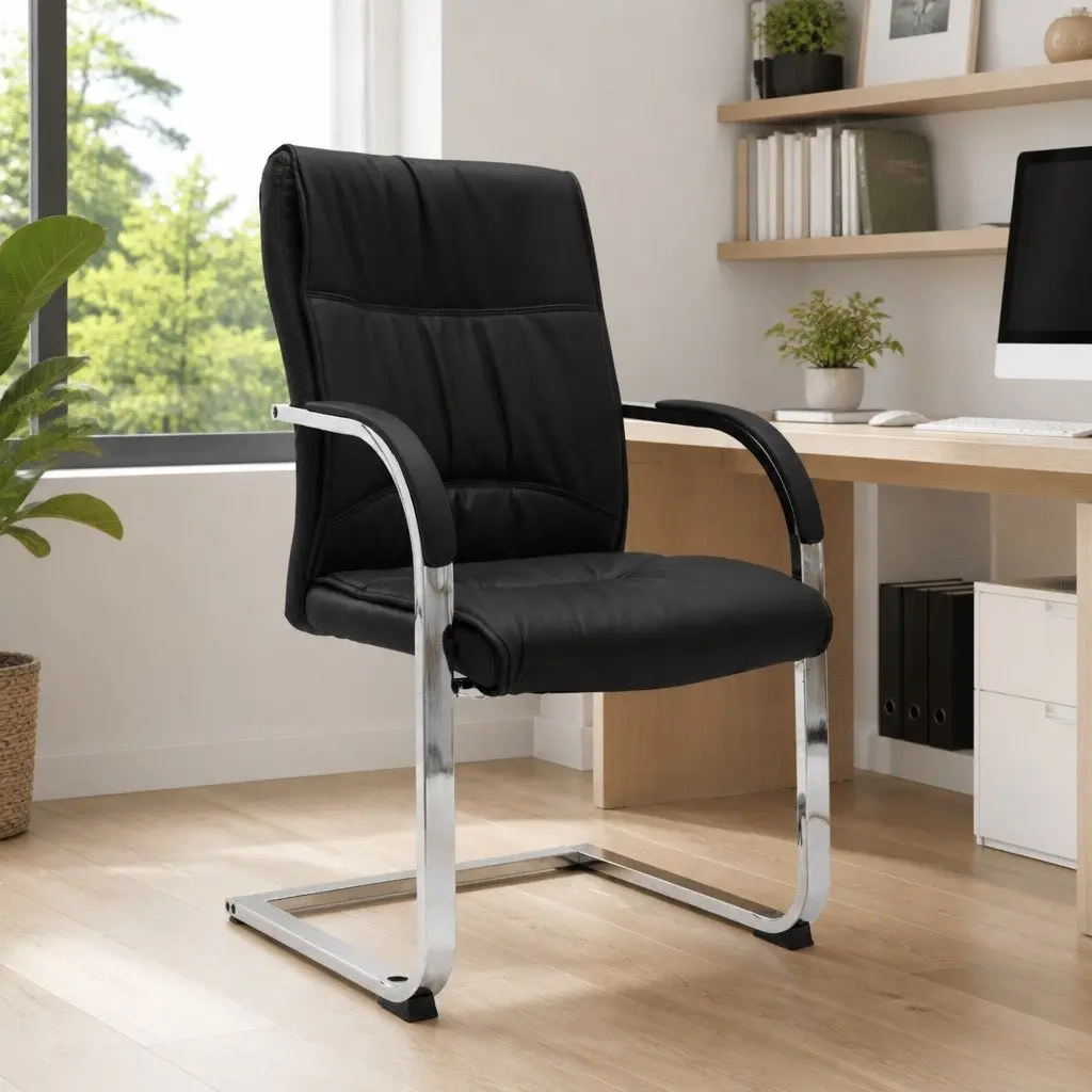 Cantilever Office Chair Ergonomic Backrest Soft Padded Seat Integrated Armrests Black Faux Leather