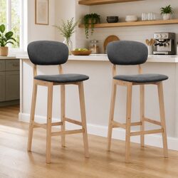Bar Stools Set of 2 Grey Fabric Seat Backrest Footrest Modern Style