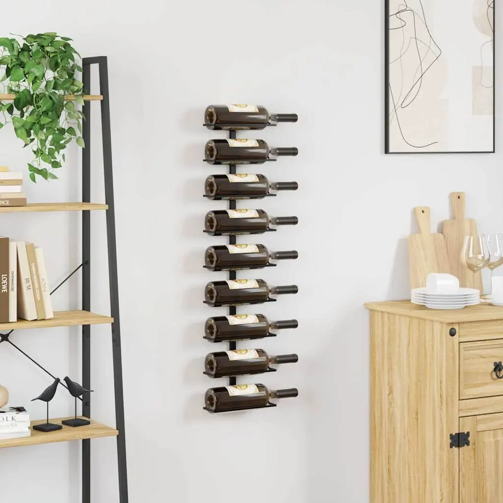 Wall-Mounted Wine Rack 9 Bottle Storage Powder-Coated Iron Black Modern Decor