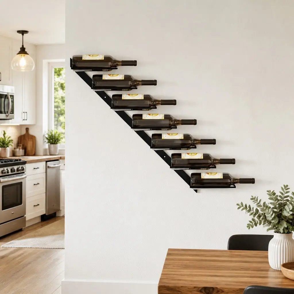 Wall-Mounted Wine Rack 7 Bottles Black Metal Modern Storage Display Holder