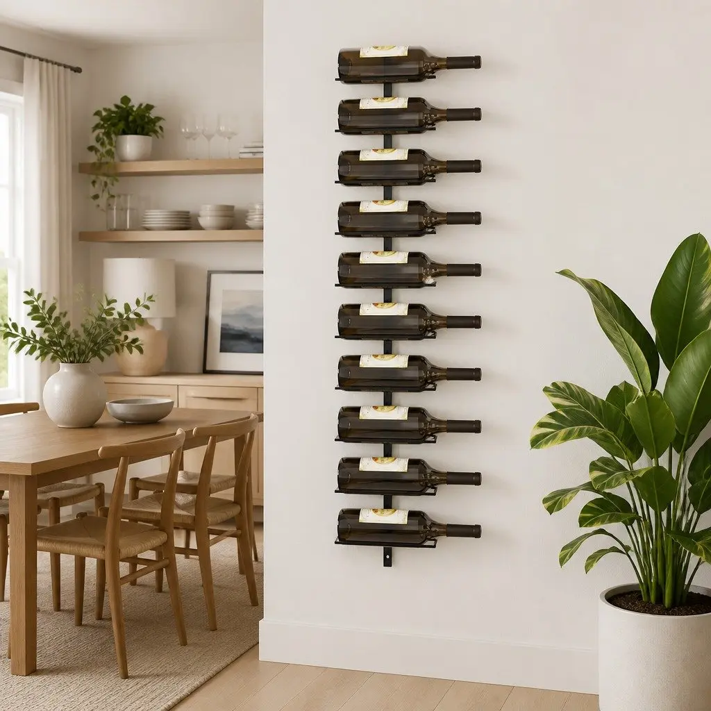 Wall-Mounted Wine Rack Black Metal Holds 10 Bottles Storage Display Organizer