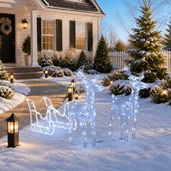 Christmas Reindeer Sleigh Decoration 160 LED Cold White Lights Garden Outdoor