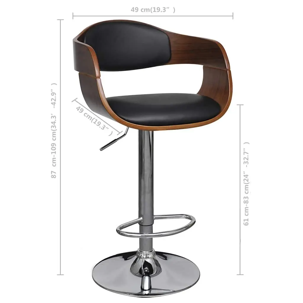 Bar Stools Height Adjustable Black Bent Wood Faux Leather Set of 2