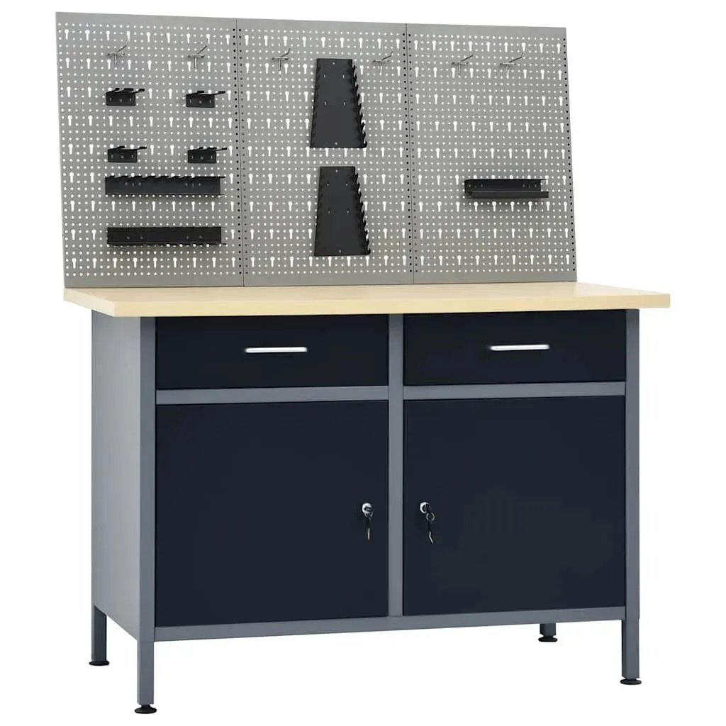Workbench with 3 Wall Panels Grey Steel Storage Shelves Drawers Garage
