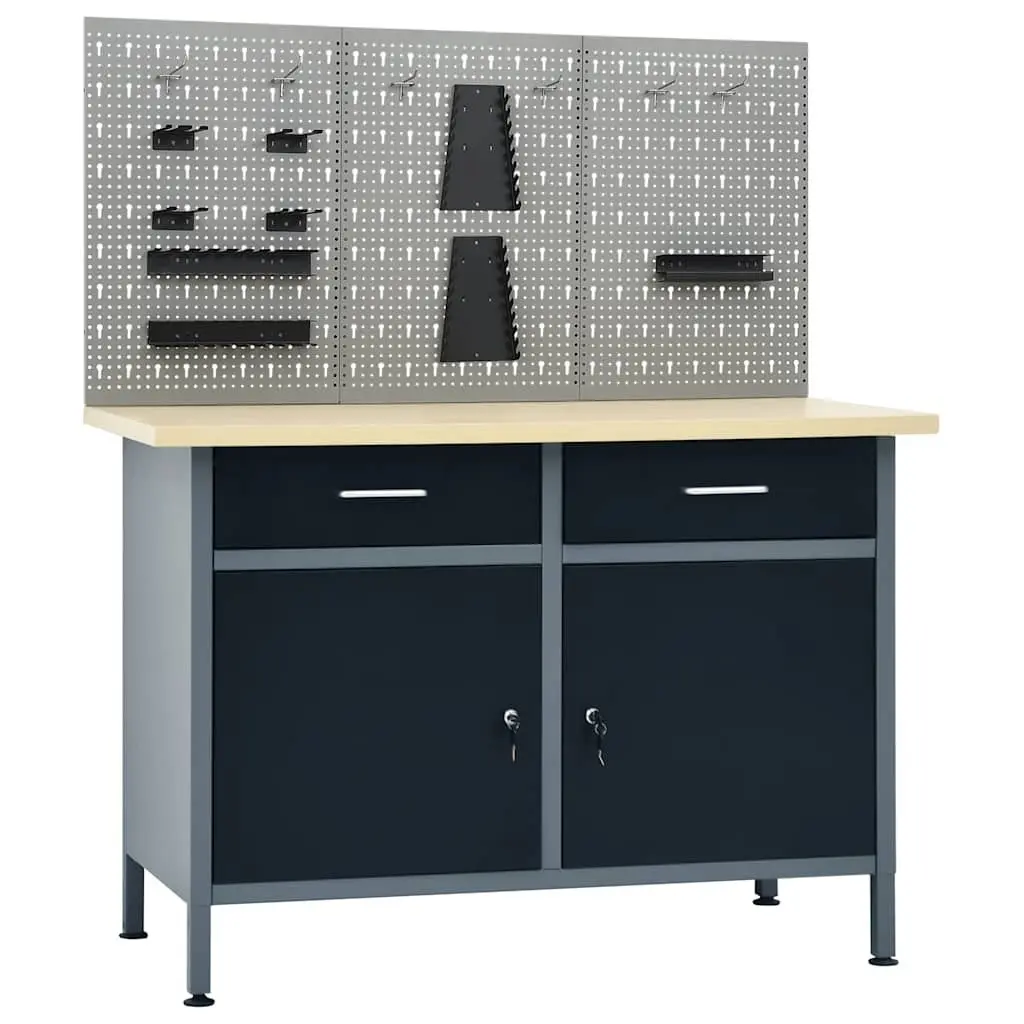 Workbench with 3 Wall Panels Grey Steel Storage Shelves Drawers Garage