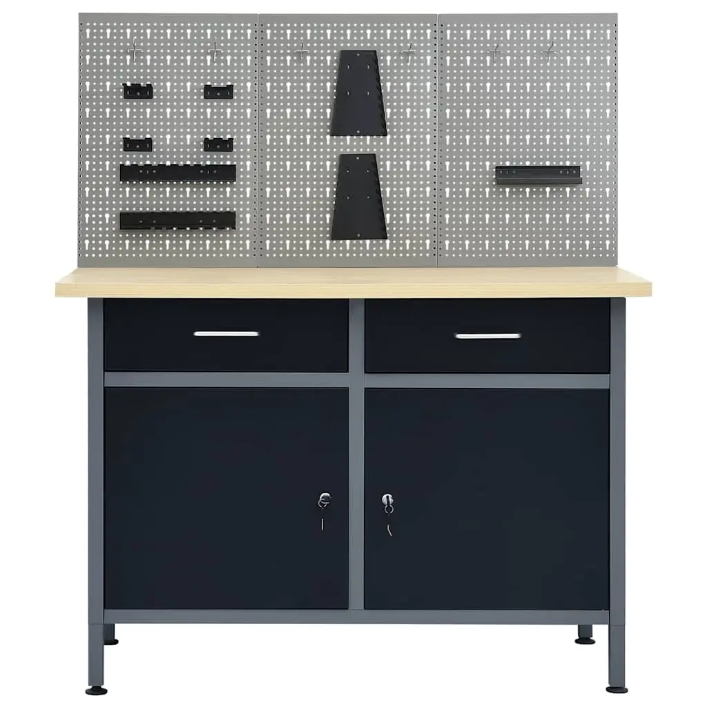 Workbench with 3 Wall Panels Grey Steel Storage Shelves Drawers Garage