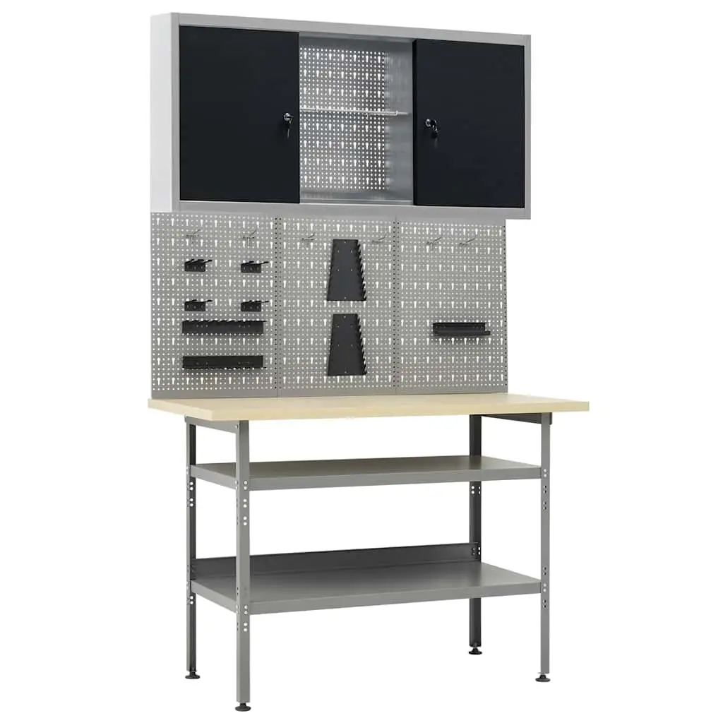 Workbench with Three Wall Panels One Cabinet Grey Steel Storage Workshop Garage